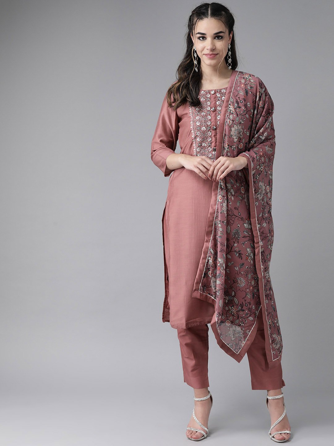 Ishin Women's Silk Blend Mauve Embroidered A-Line Kurta Trouser Dupatta Set