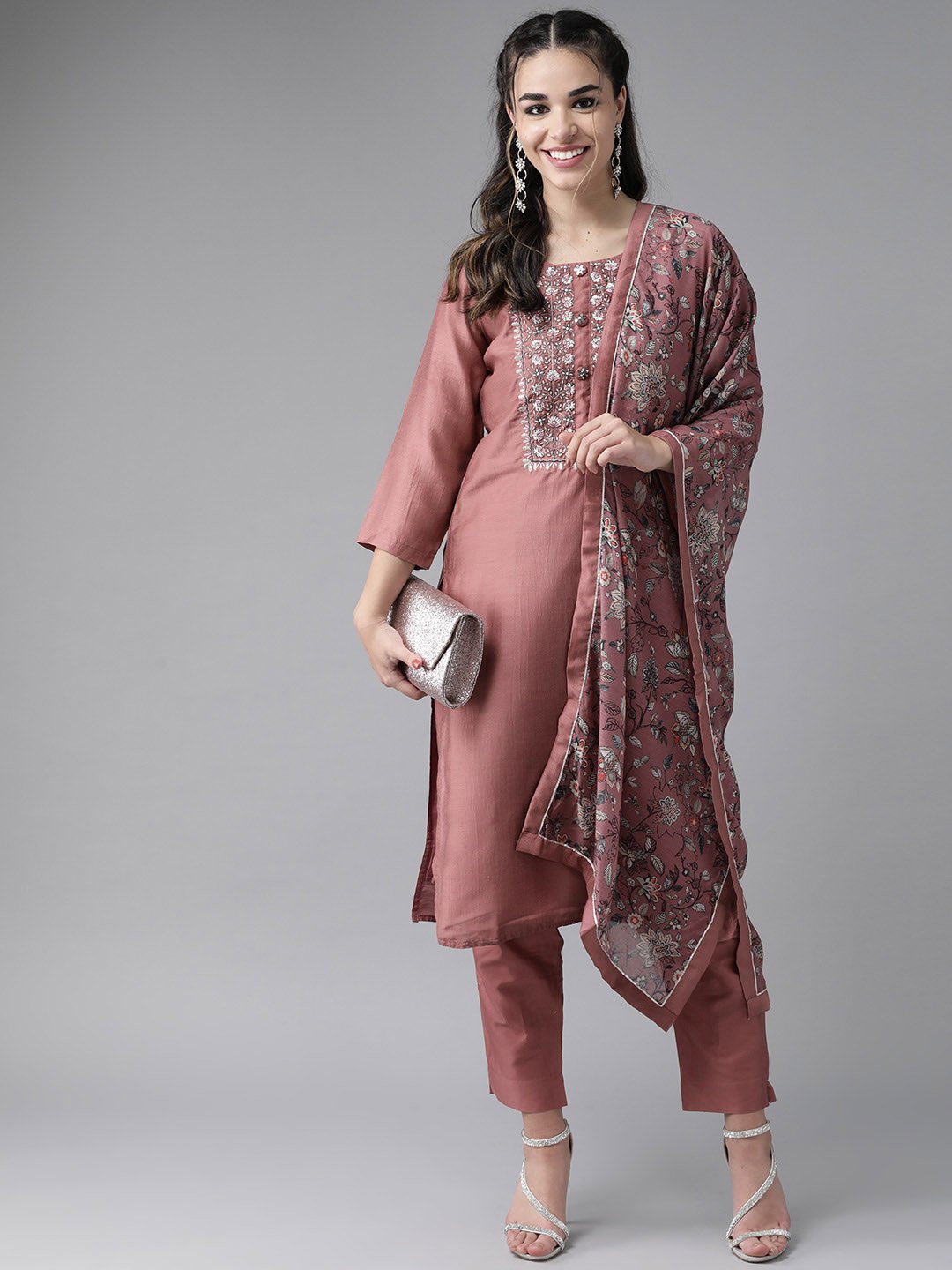 Ishin Women's Silk Blend Mauve Embroidered A-Line Kurta Trouser Dupatta Set