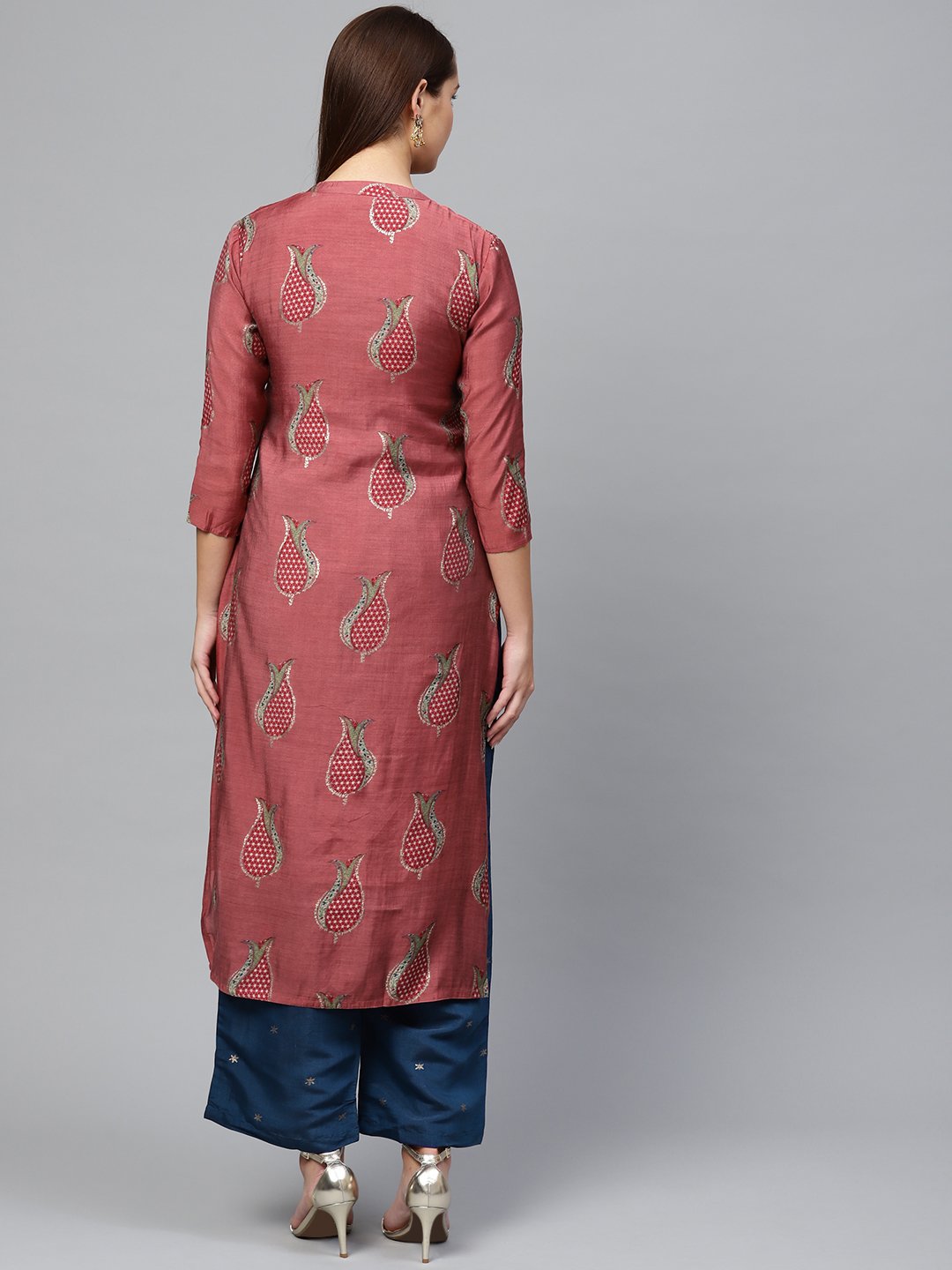 Ishin Women's Silk Blend Rose Pink & Blue Embellished A-Line Kurta Palazzo Set