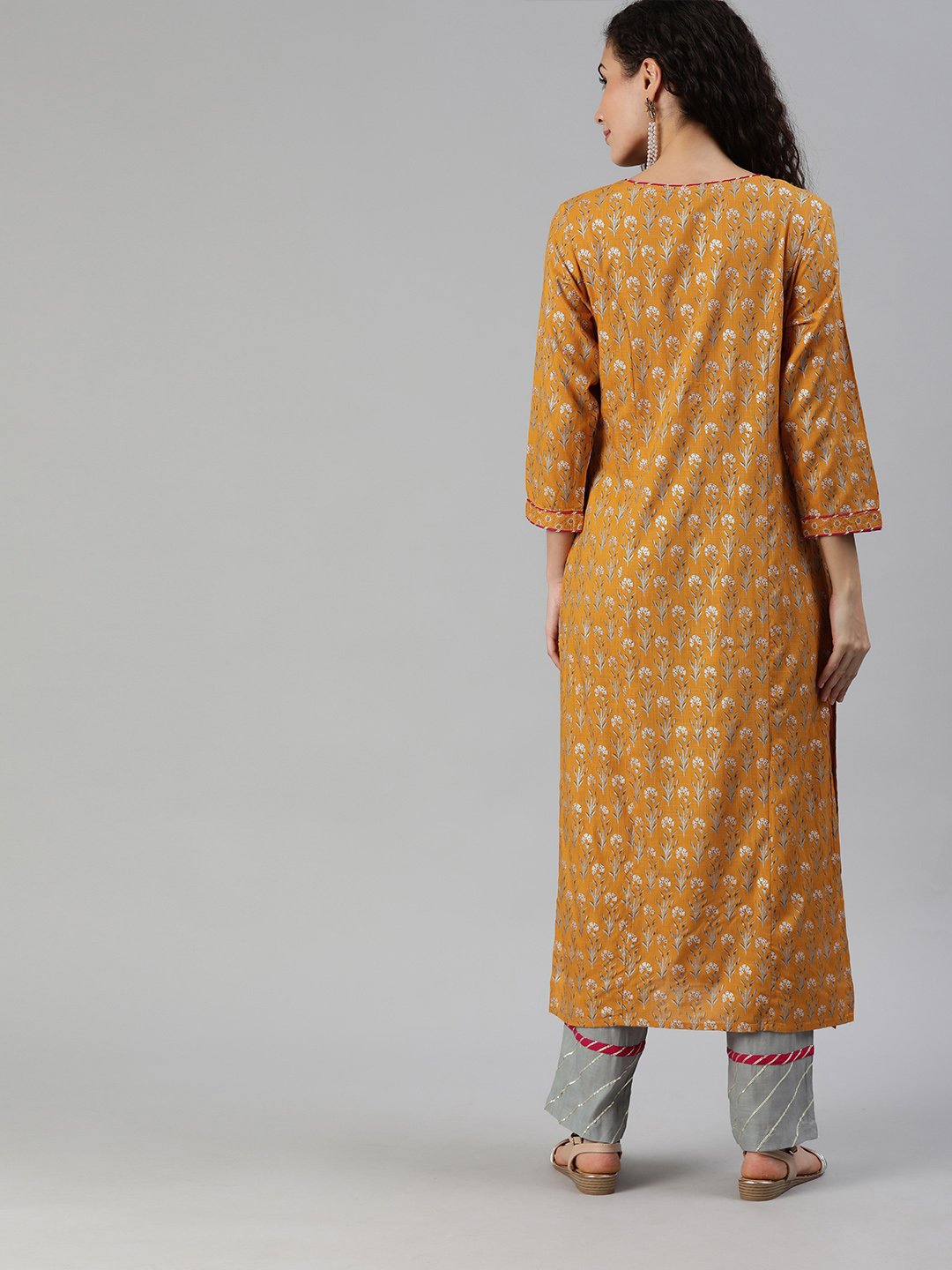 Ishin Women's Yellow Yoke Design A-Line Kurta Trouser Set