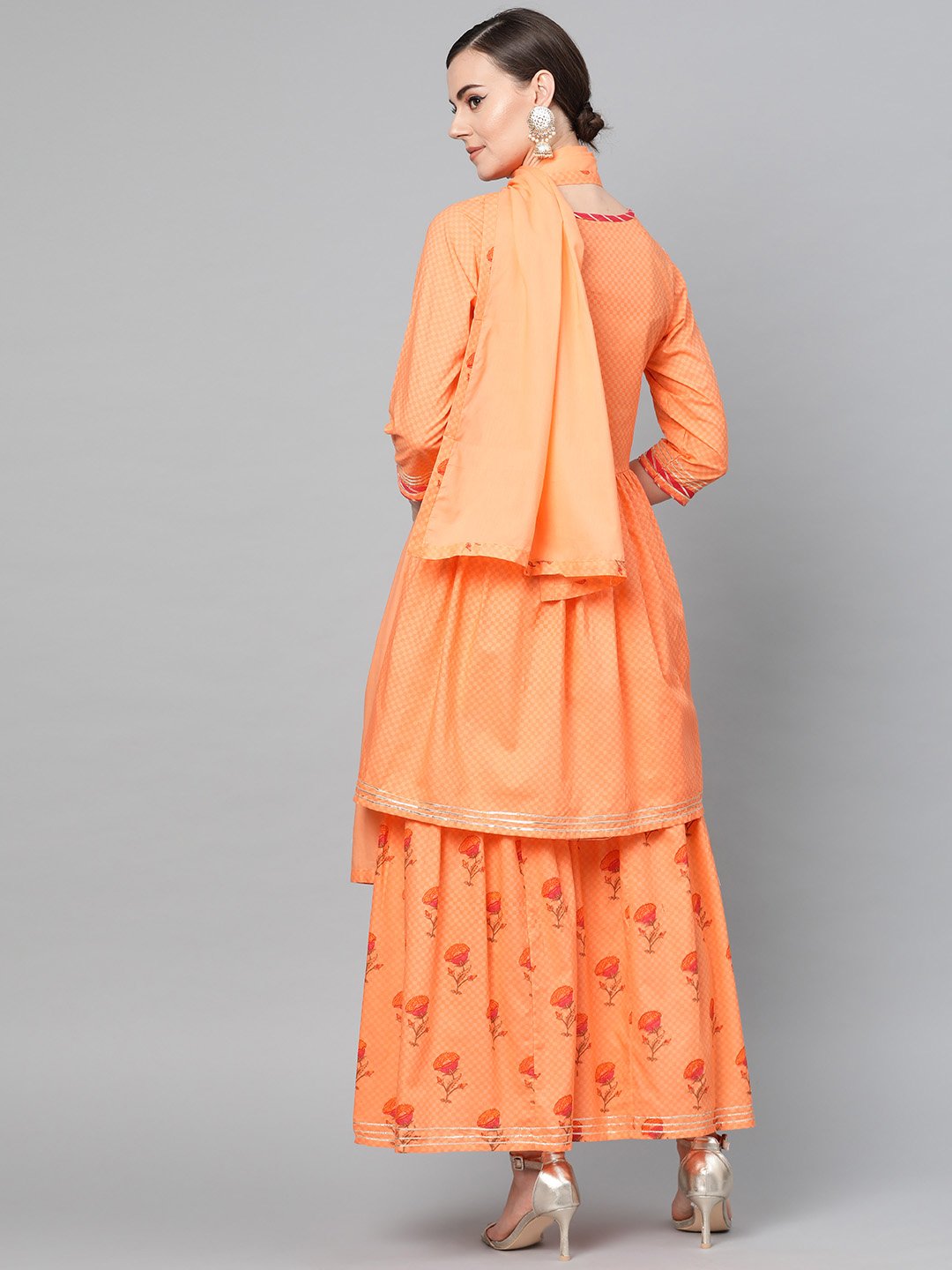 Ishin Women's Cotton Orange Embroidered Anarkali Kurta Sharara Dupatta Set