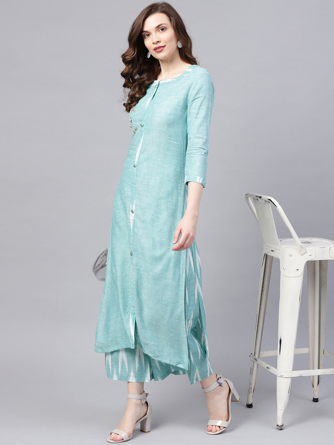 Ishin Women's Cotton Sea Green Embroidered A-Line Kurta Palazzo Set