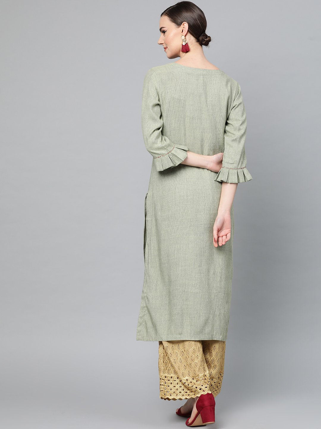 Ishin Women's Rayon Green & Beige Embroidered A-Line Kurta Palazzo Set