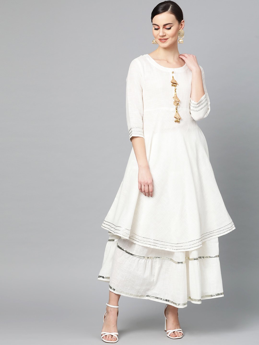 Ishin Women's Cotton White Solid Gota Patti Anarkali Kurta Skirt Set