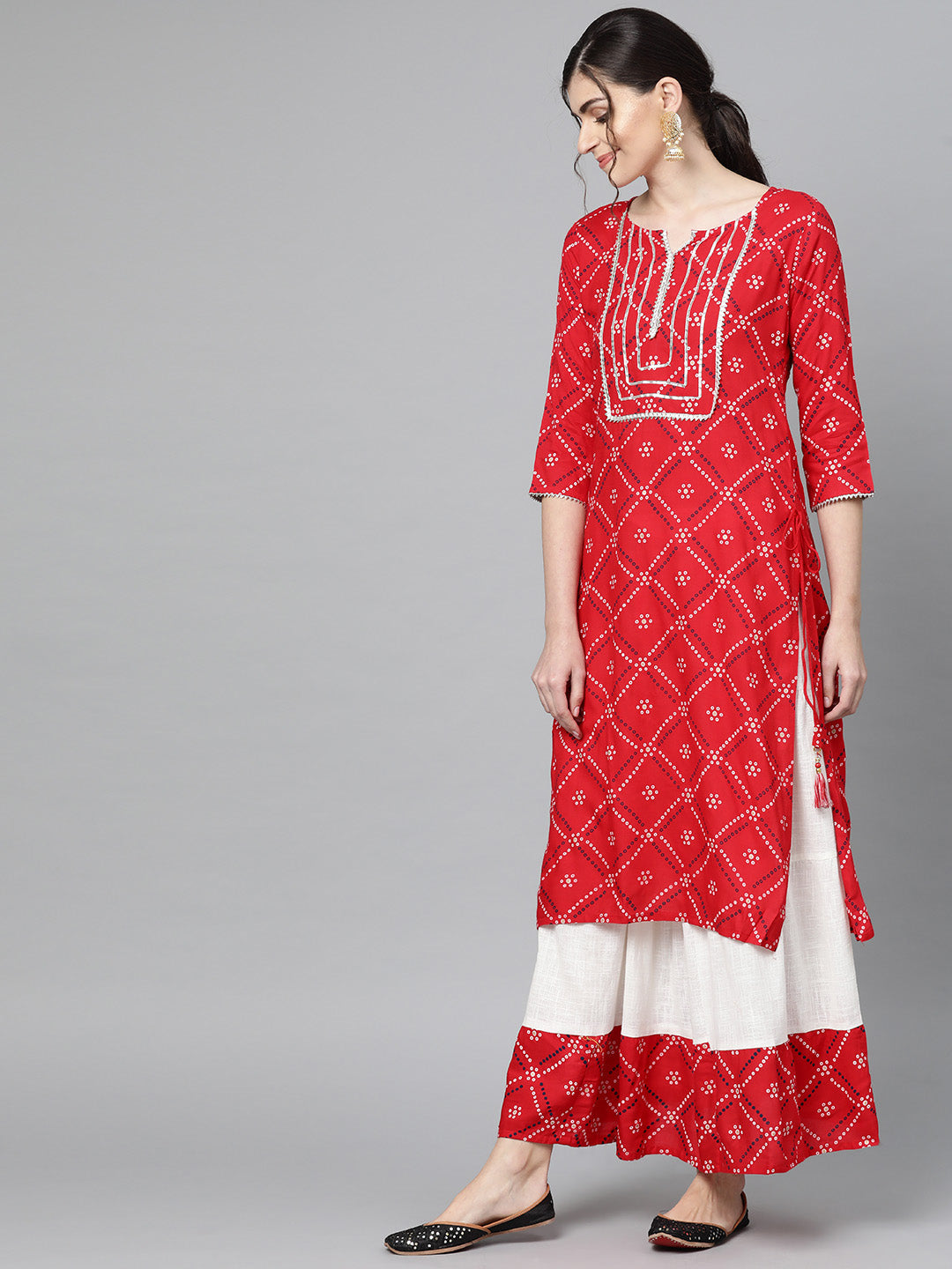 Ishin Women's Cotton Red Bandhani Gota Patti A-Line Kurta Skirt Set