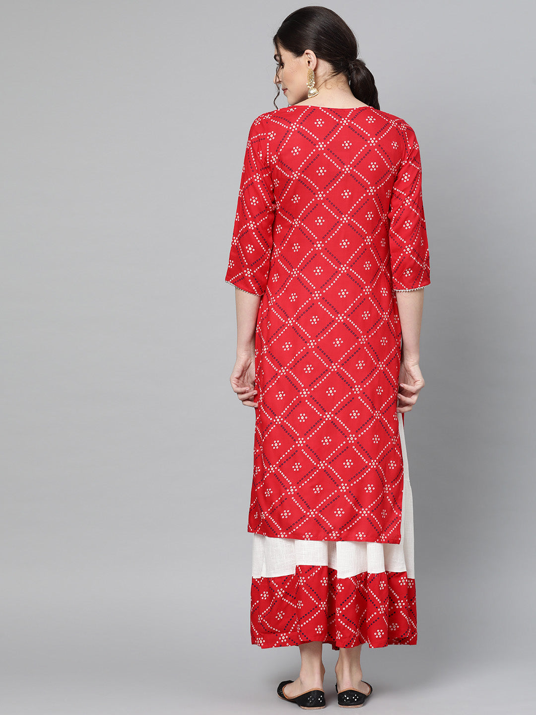 Ishin Women's Cotton Red Bandhani Gota Patti A-Line Kurta Skirt Set