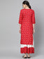Ishin Women's Cotton Red Bandhani Gota Patti A-Line Kurta Skirt Set