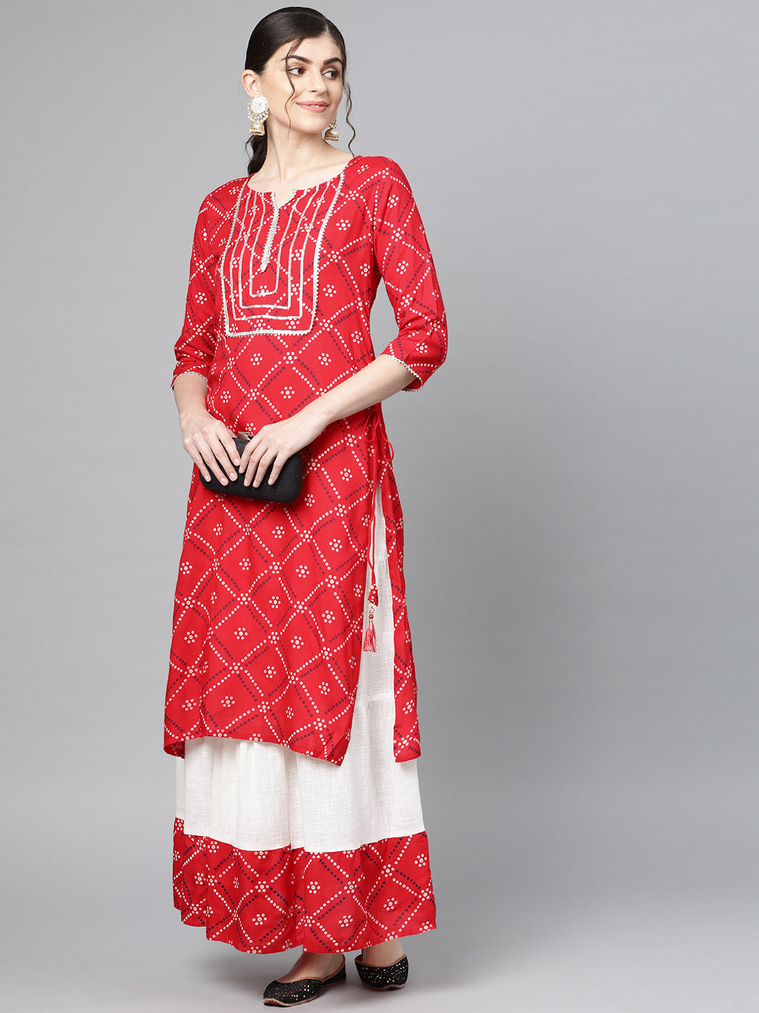 Ishin Women's Cotton Red Bandhani Gota Patti A-Line Kurta Skirt Set
