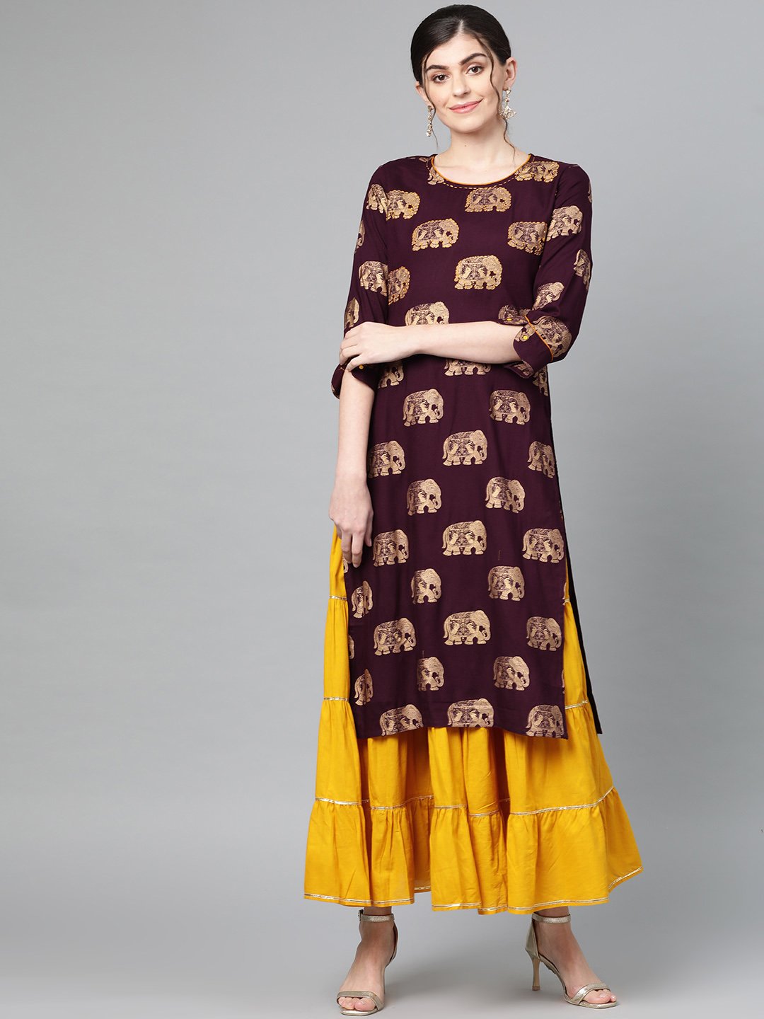 Ishin Women's Rayon Burgundy & Mustard Yellow Foil Print Embroidered A-Line Kurta Skirt Set