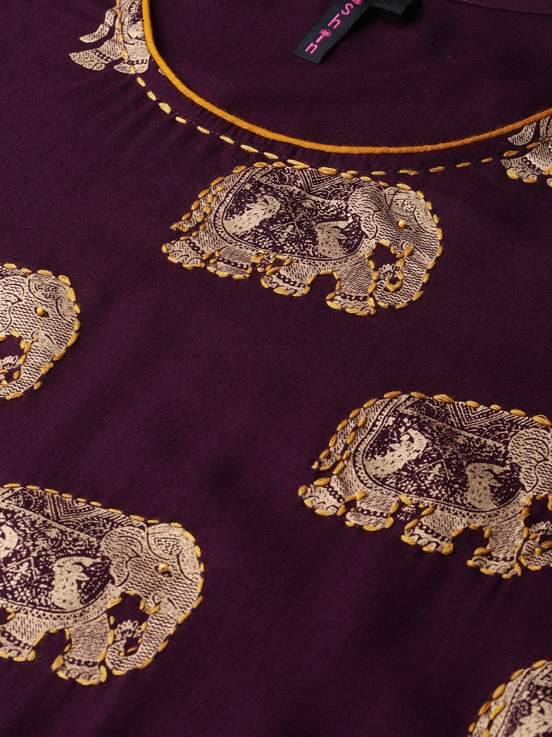 Ishin Women's Rayon Burgundy & Mustard Yellow Foil Print Embroidered A-Line Kurta Skirt Set