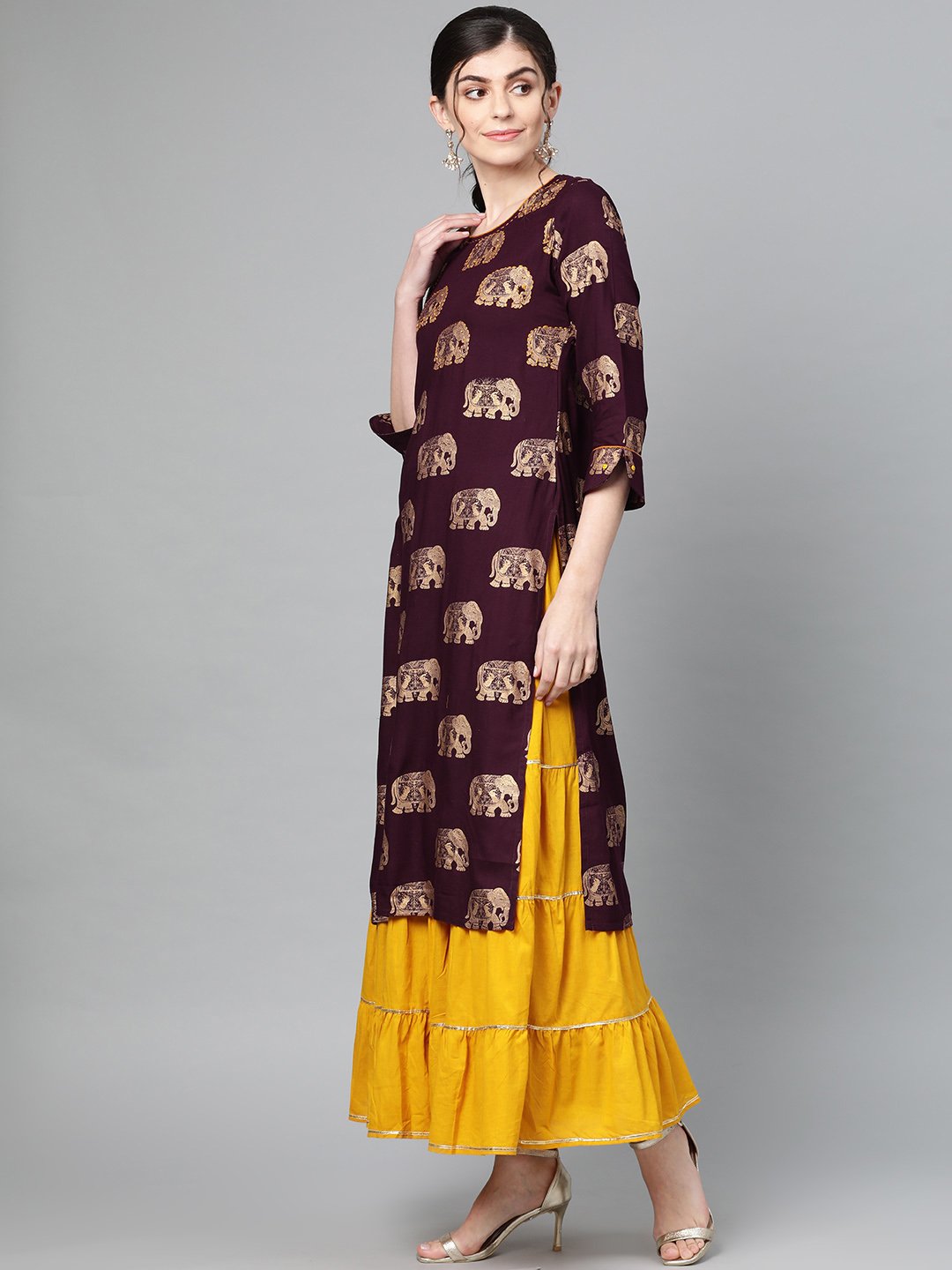 Ishin Women's Rayon Burgundy & Mustard Yellow Foil Print Embroidered A-Line Kurta Skirt Set