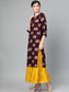 Ishin Women's Rayon Burgundy & Mustard Yellow Foil Print Embroidered A-Line Kurta Skirt Set