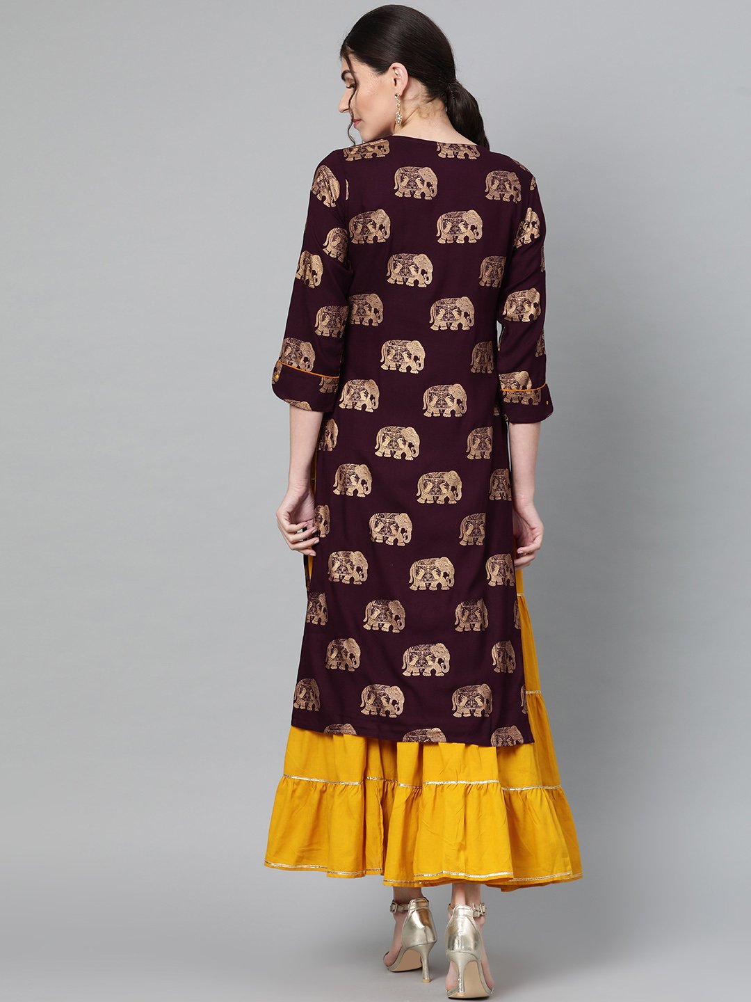 Ishin Women's Rayon Burgundy & Mustard Yellow Foil Print Embroidered A-Line Kurta Skirt Set