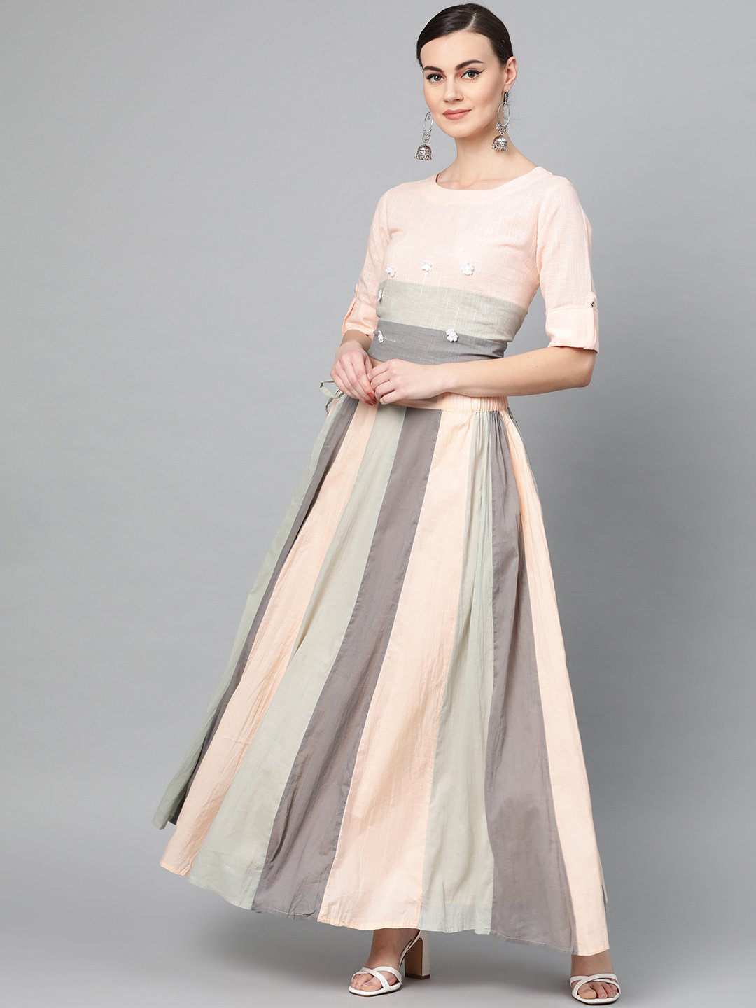 Ishin Women's Cotton Grey Solid A-Line Top Skirt Set