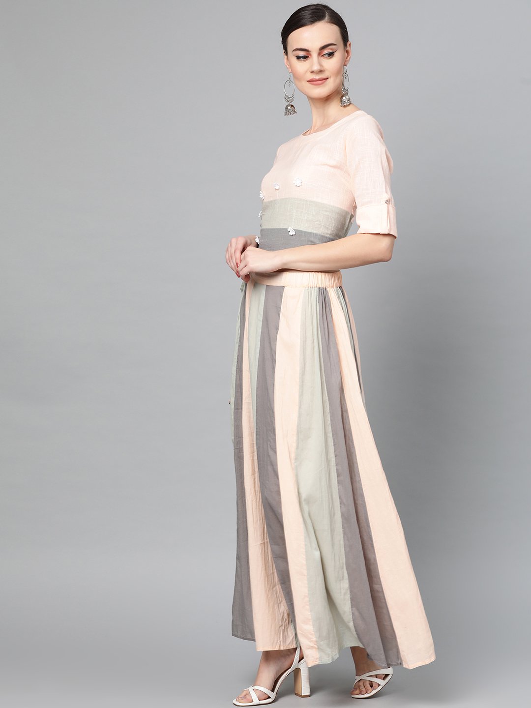 Ishin Women's Cotton Grey Solid A-Line Top Skirt Set