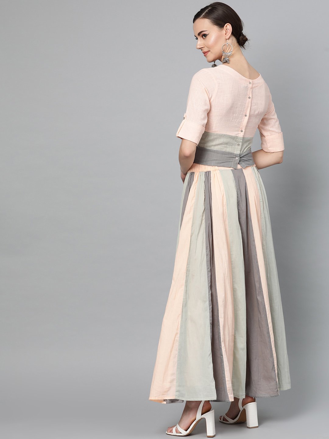 Ishin Women's Cotton Peach & Grey Solid A-Line Top Skirt Set