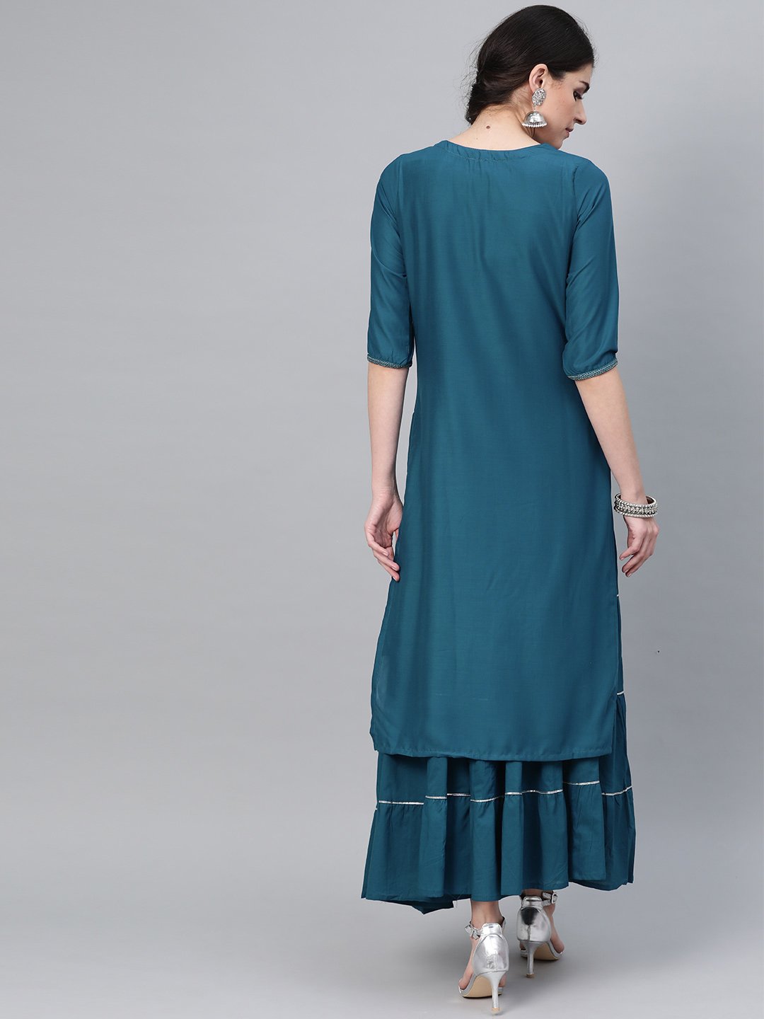 Ishin Women's Silk Blend Teal Embroidered A-Line Kurta Skirt Set