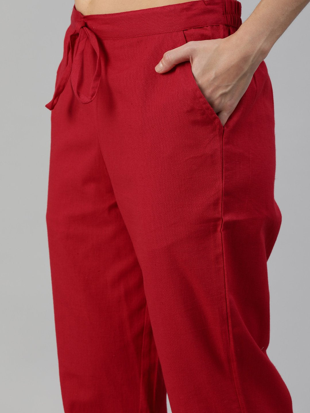 Ishin Women's Red Yoke Design A-Line Kurta Trouser Set