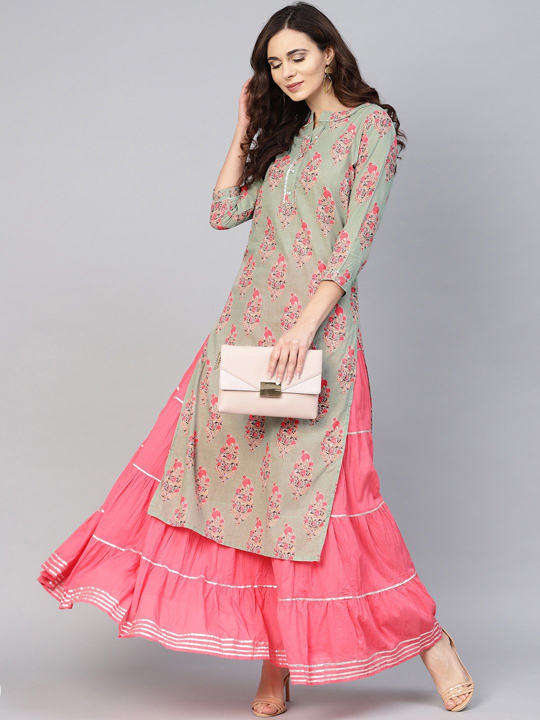 Ishin Women's Cotton Sea Green & Pink Printed A-Line Kurta Skirt Set