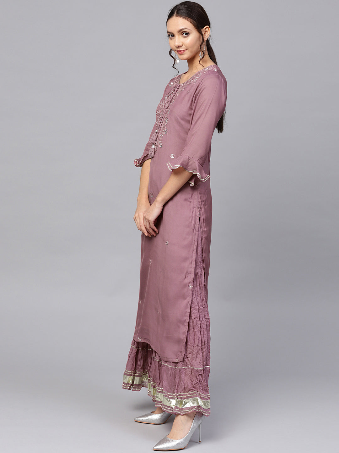 Ishin Women's Rayon Burgundy Embellished A Line Kurta Skirt Set