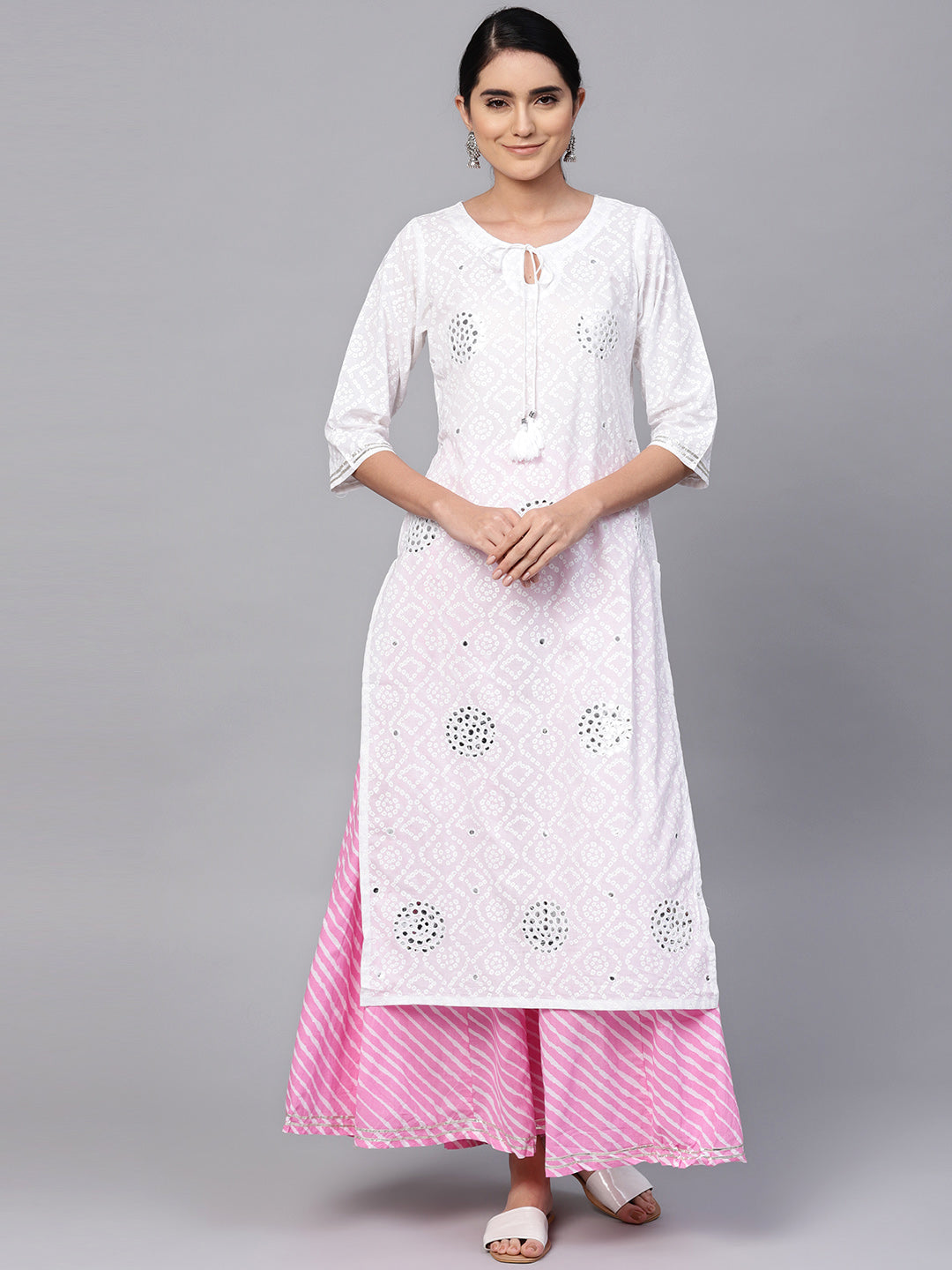 Ishin Women's Cotton White & Pink Embellished A Line Kurta Sharara Set