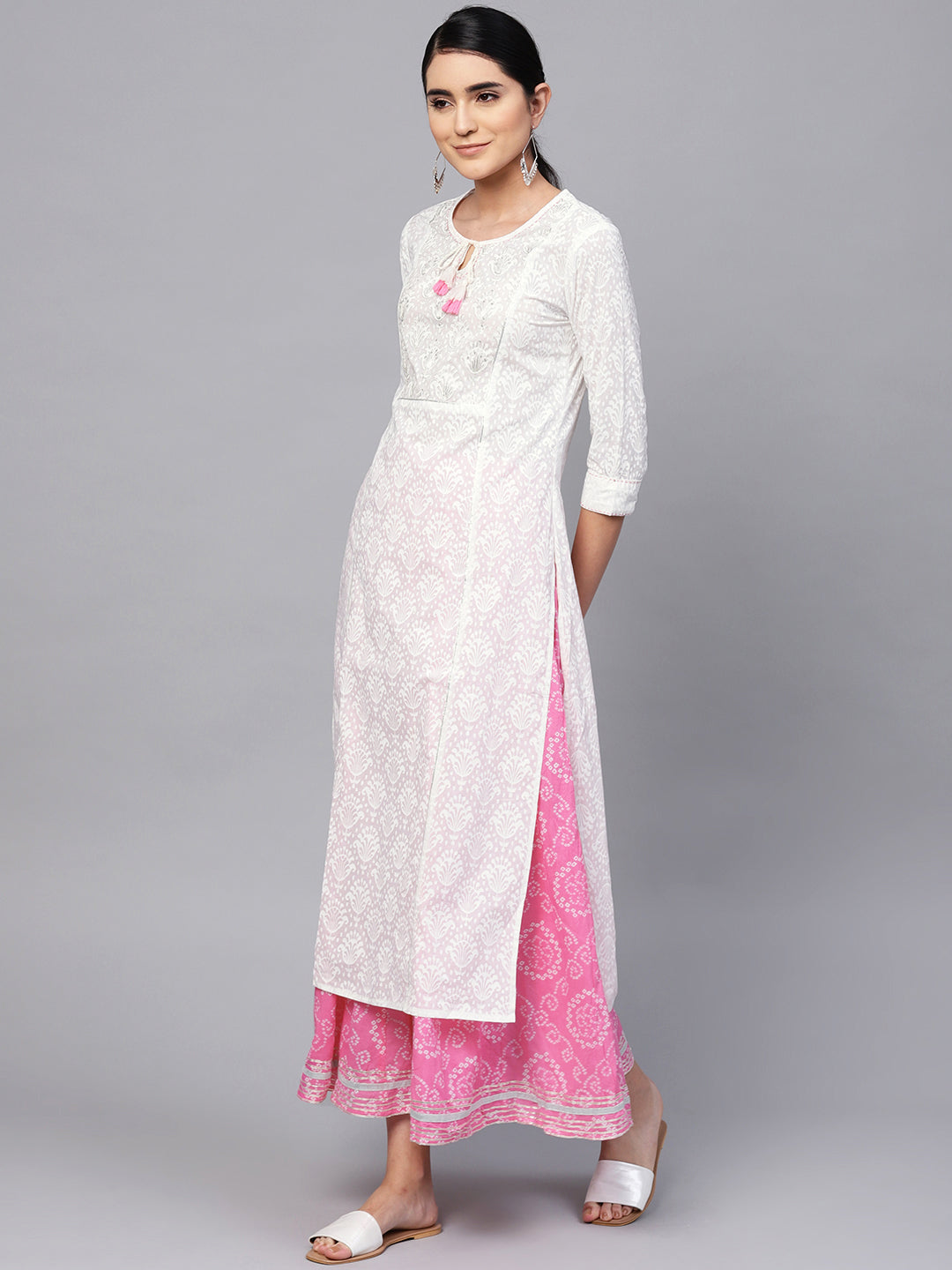 Ishin Women's Cotton White & Pink Embellished A Line Kurta Sharara Set