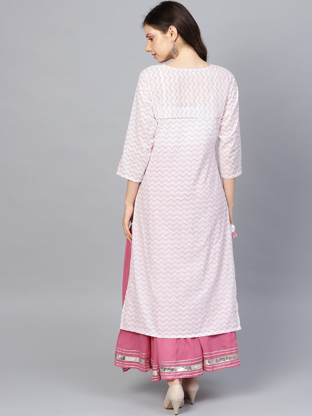 Ishin Women's Cotton White & Pink Printed With Gotta Patti A-Line Kurta Sharara Set