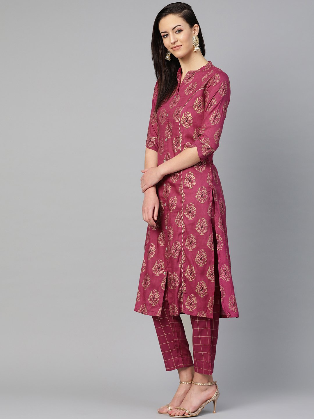 Ishin Women's Cotton Purple Foil Printed Gota Patti A-Line Kurta Trouser Set