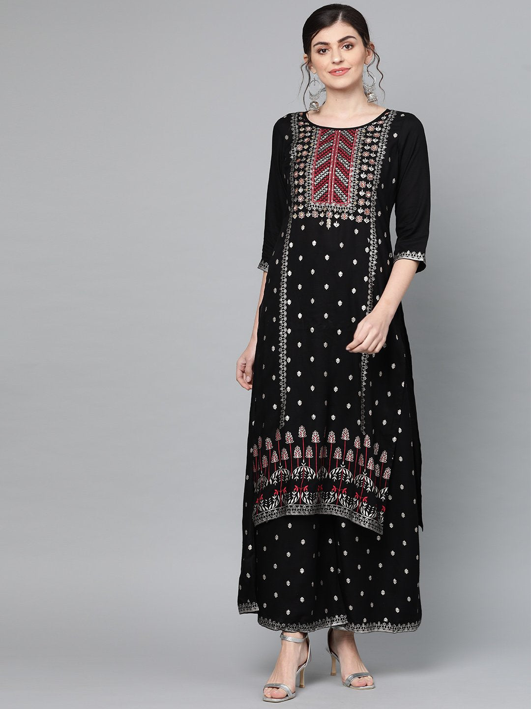 Graceful Black Viscose rayon printed with Embroidery Straight fit kurta set