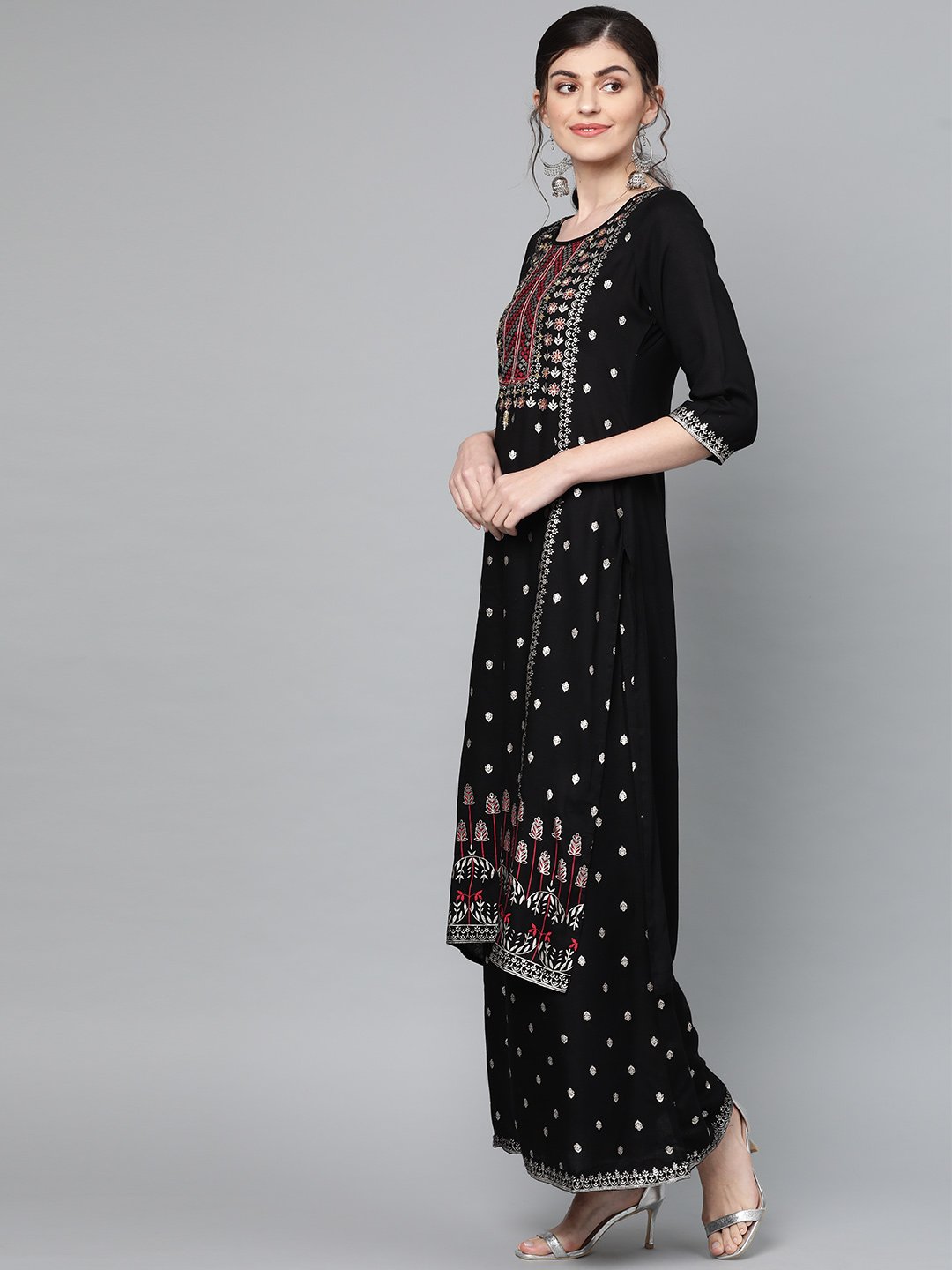 Graceful Black Viscose rayon printed with Embroidery Straight fit kurta set