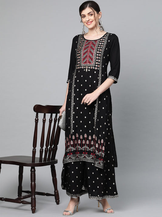 Ishin Women's Rayon Black Embellished A-Line Kurta Palazzo Set