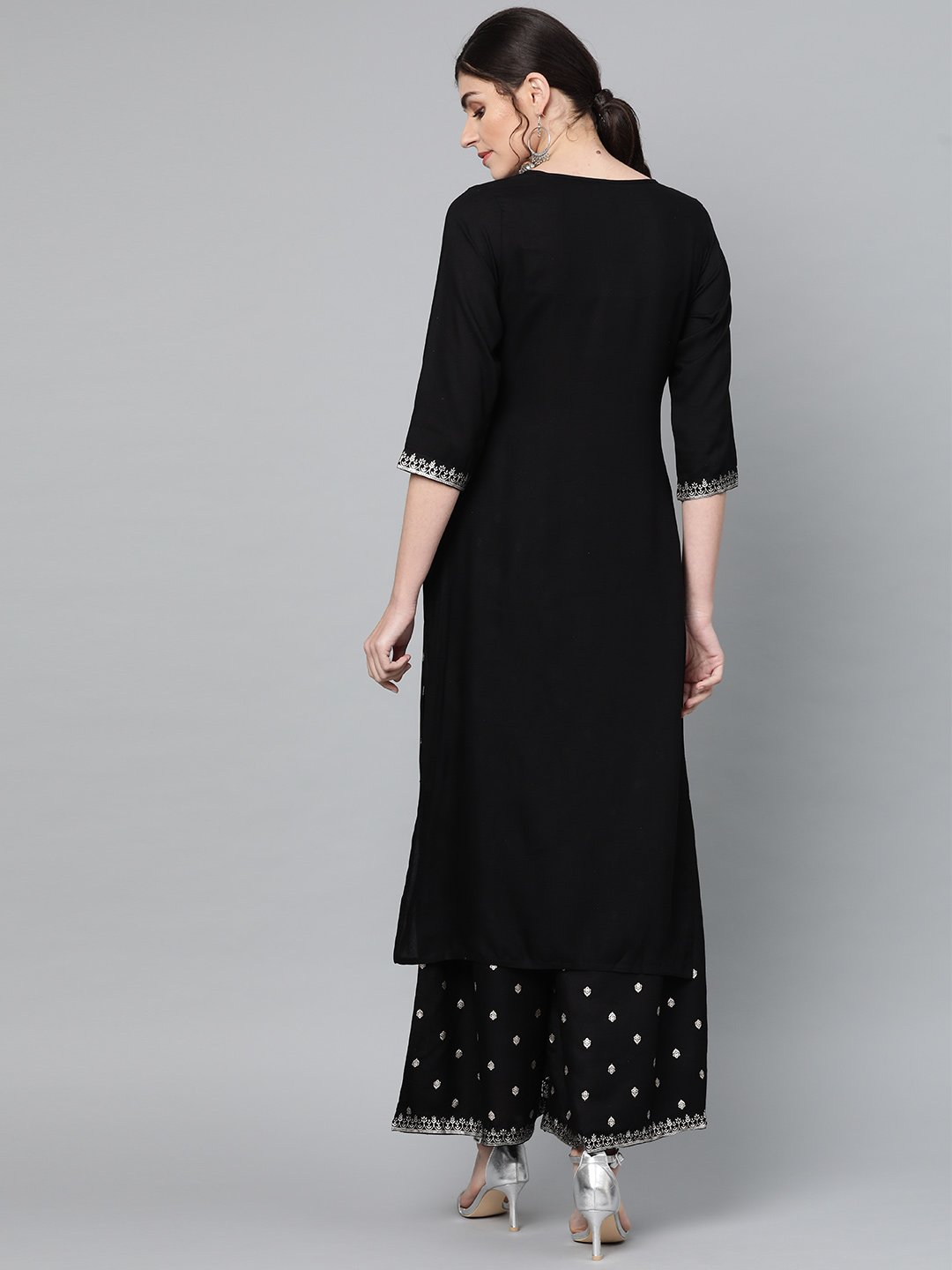 Ishin Women's Rayon Black Embellished A-Line Kurta Palazzo Set