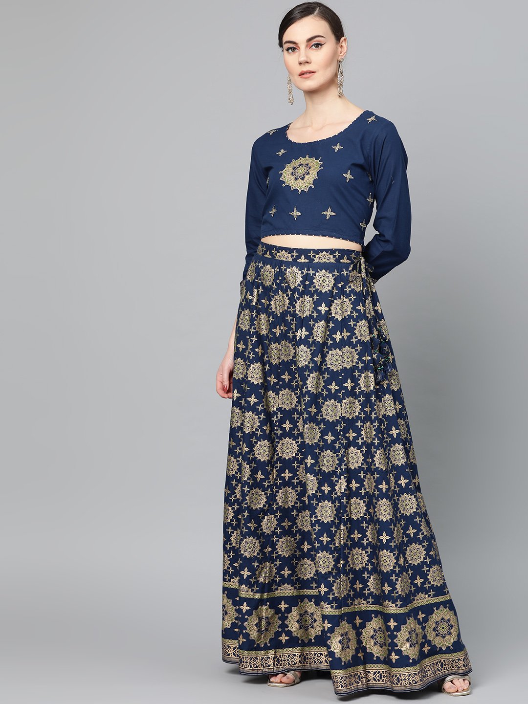 Ishin Women's Cotton Blue Foil Printed With Sequins A-Line Top With Skirt