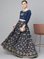 Ishin Women's Cotton Navy Blue Foil Printed With Sequins A-Line Top With Skirt