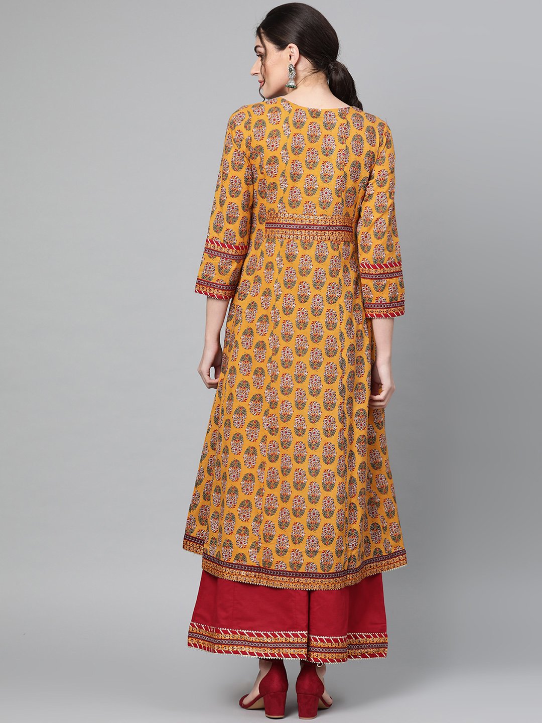 Ishin Women's Cotton Mustard Yellow & Maroon Printed With Gota Patti Anarkali Kurta Palazzo Set