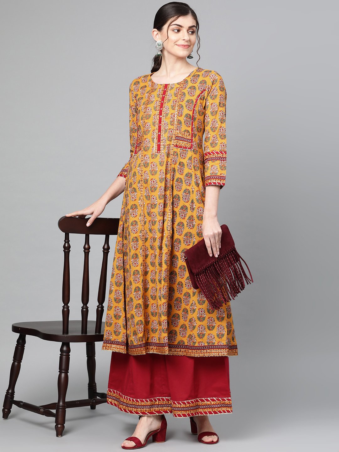 Ishin Women's Cotton Mustard Yellow & Maroon Printed With Gota Patti Anarkali Kurta Palazzo Set