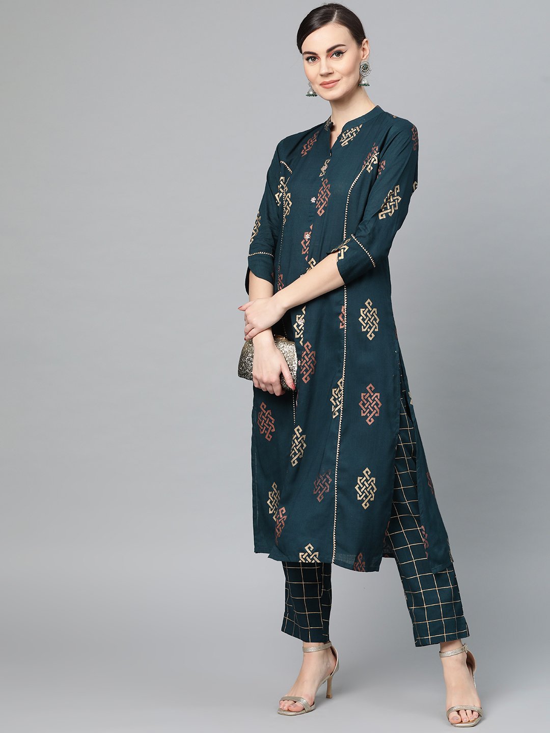 Ishin Women's Cotton Green Foil Printed With Gota Patti A-Line Kurta Trouser Set