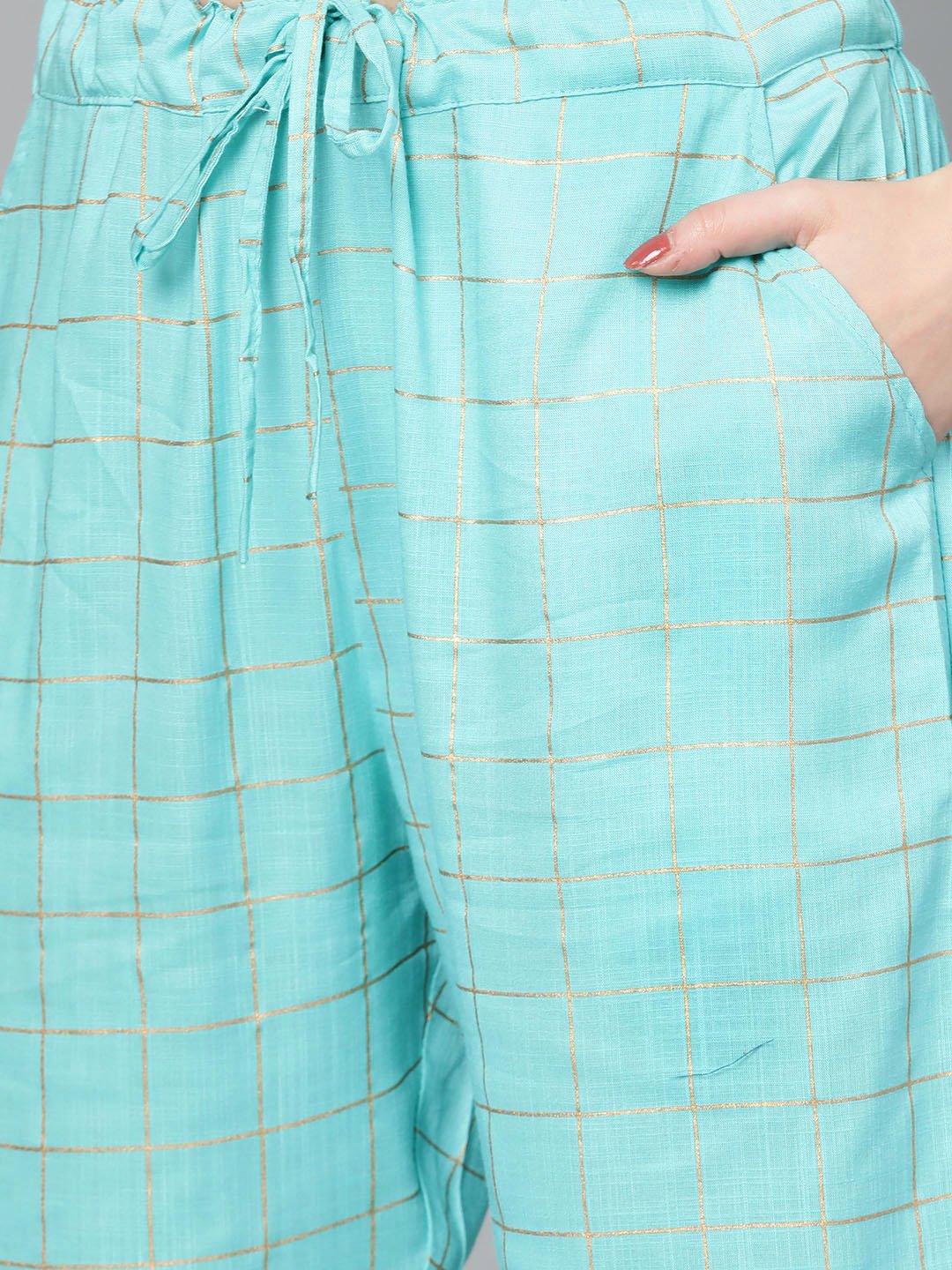 Ishin Women's Cotton Blue Foil Printed A-Line Kurta Trouser Set