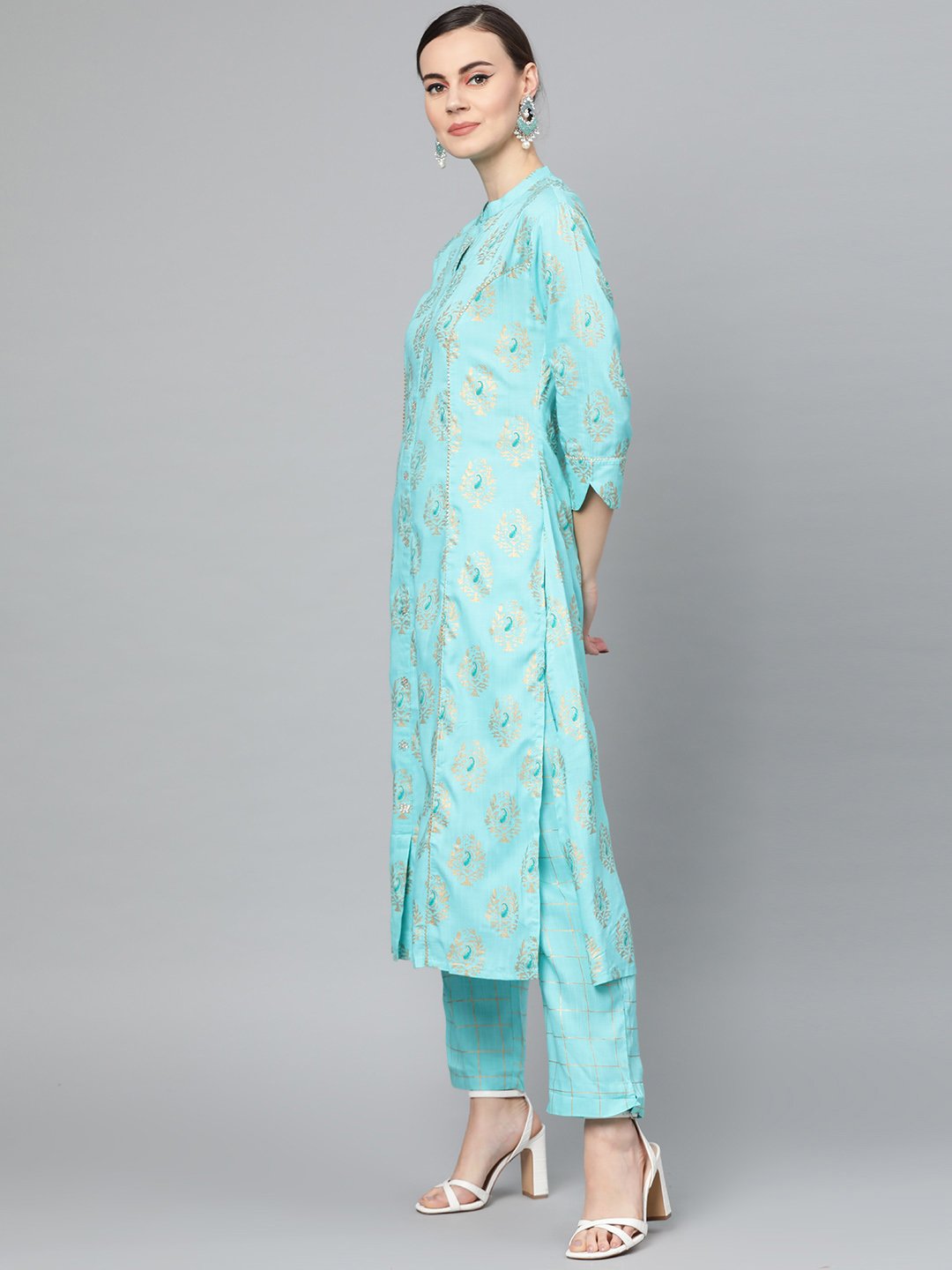 Ishin Women's Cotton Blue Foil Printed A-Line Kurta Trouser Set