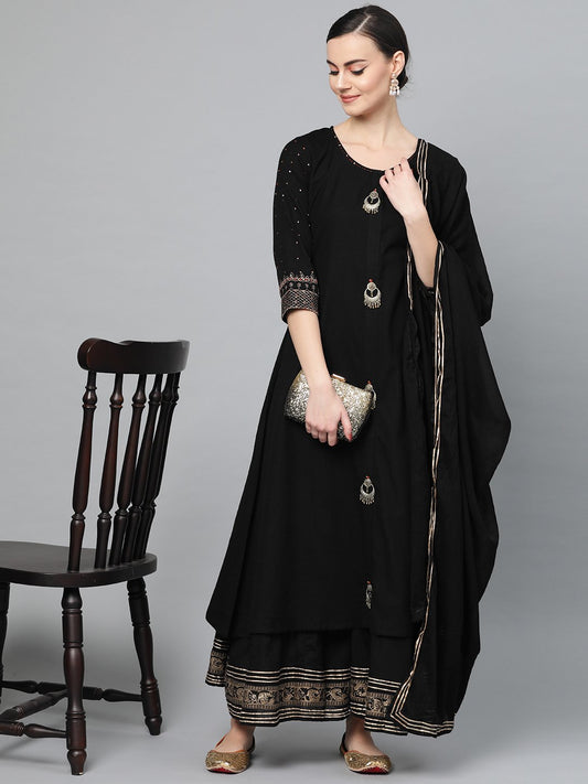 Ishin Women's Cotton Black Embellished A-Line Kurta Palazzo Dupatta Set