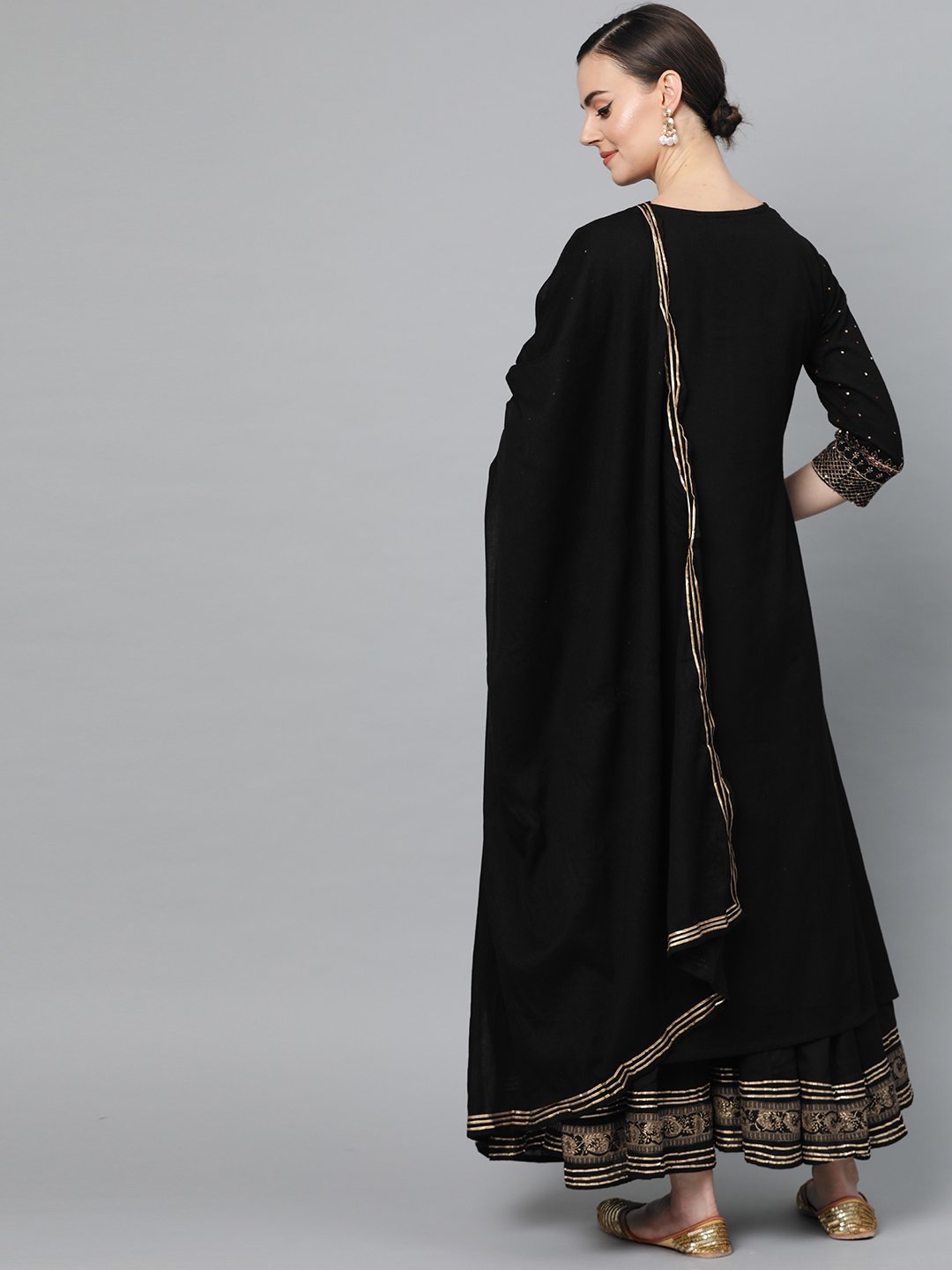 Ishin Women's Cotton Black Embellished A-Line Kurta Palazzo Dupatta Set