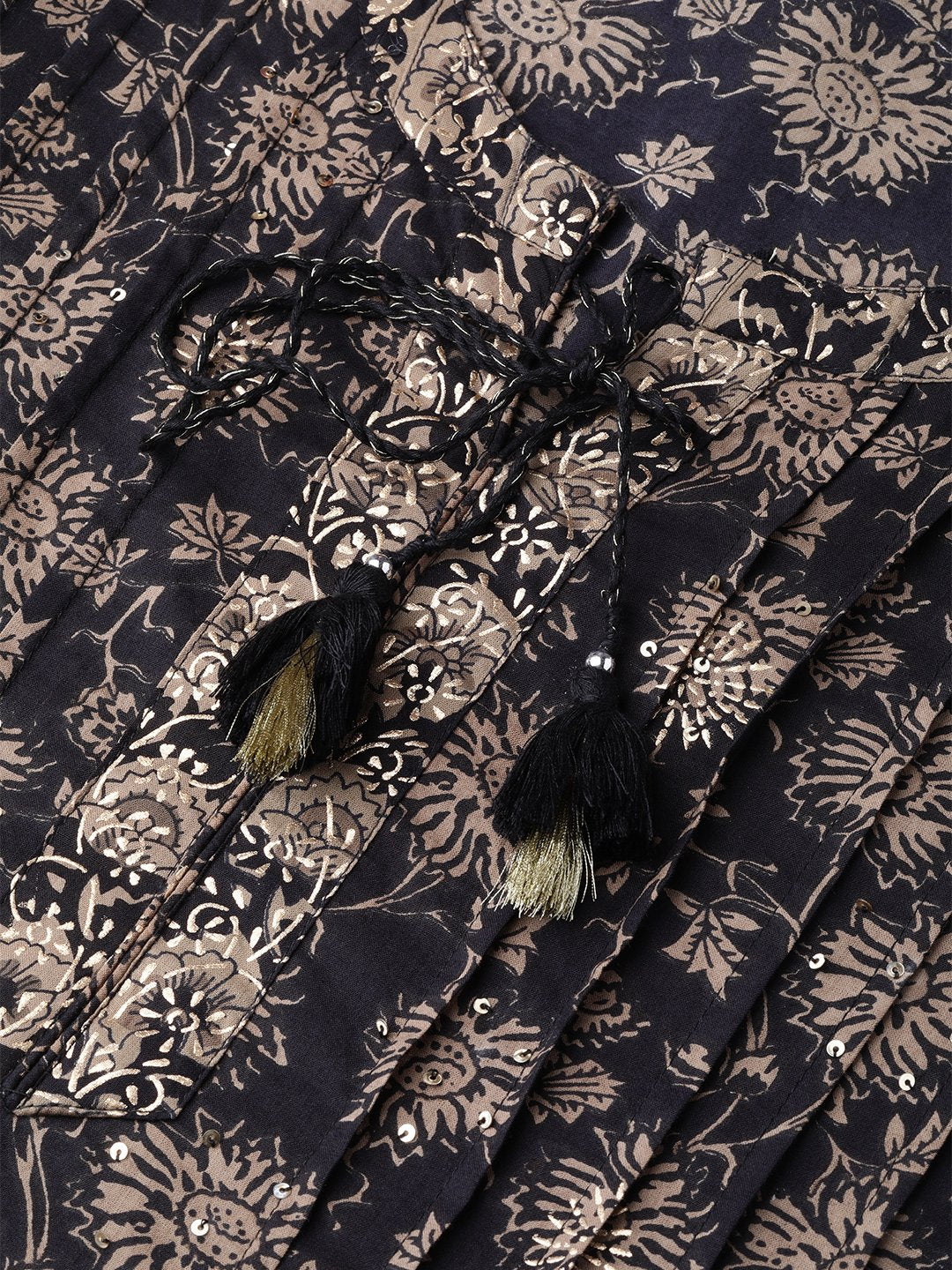 Ishin Women's Cotton Black Foil Printed A-Line Kurta Palazzo Set