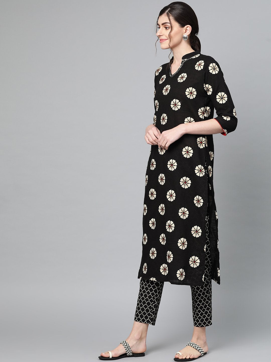 Ishin Women's Cotton Black Printed A-Line Kurta Trouser Set