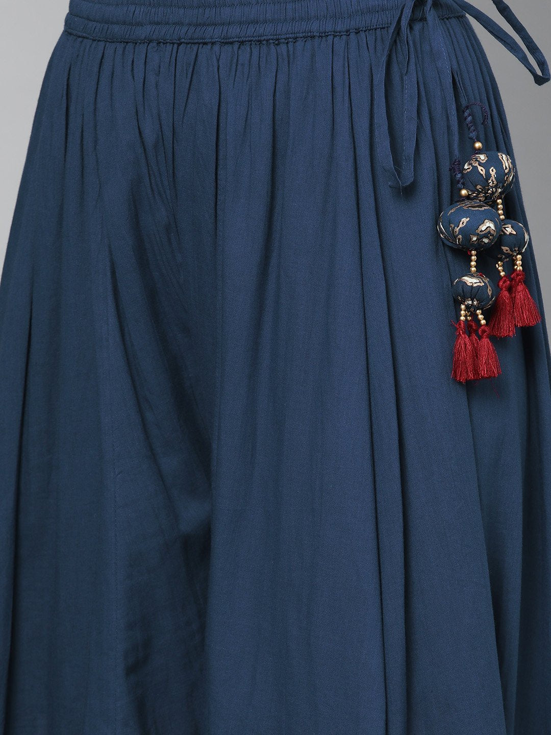 Ishin Women's Cotton Navy Blue Embroidered A-Line Kurta Palazzo Set