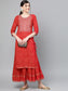 Ishin Women's Cotton Red Embroidered A-Line Kurta Sharara Set