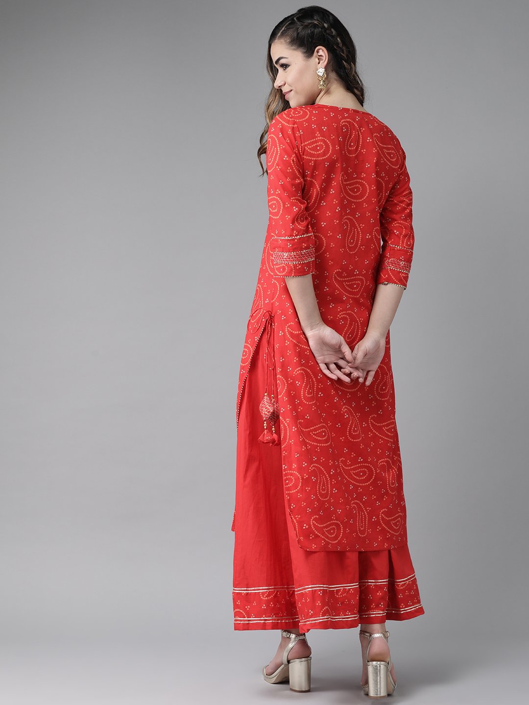 Ishin Women's Cotton Red Bandhani Print Embellished A-Line Kurta Sharara Set