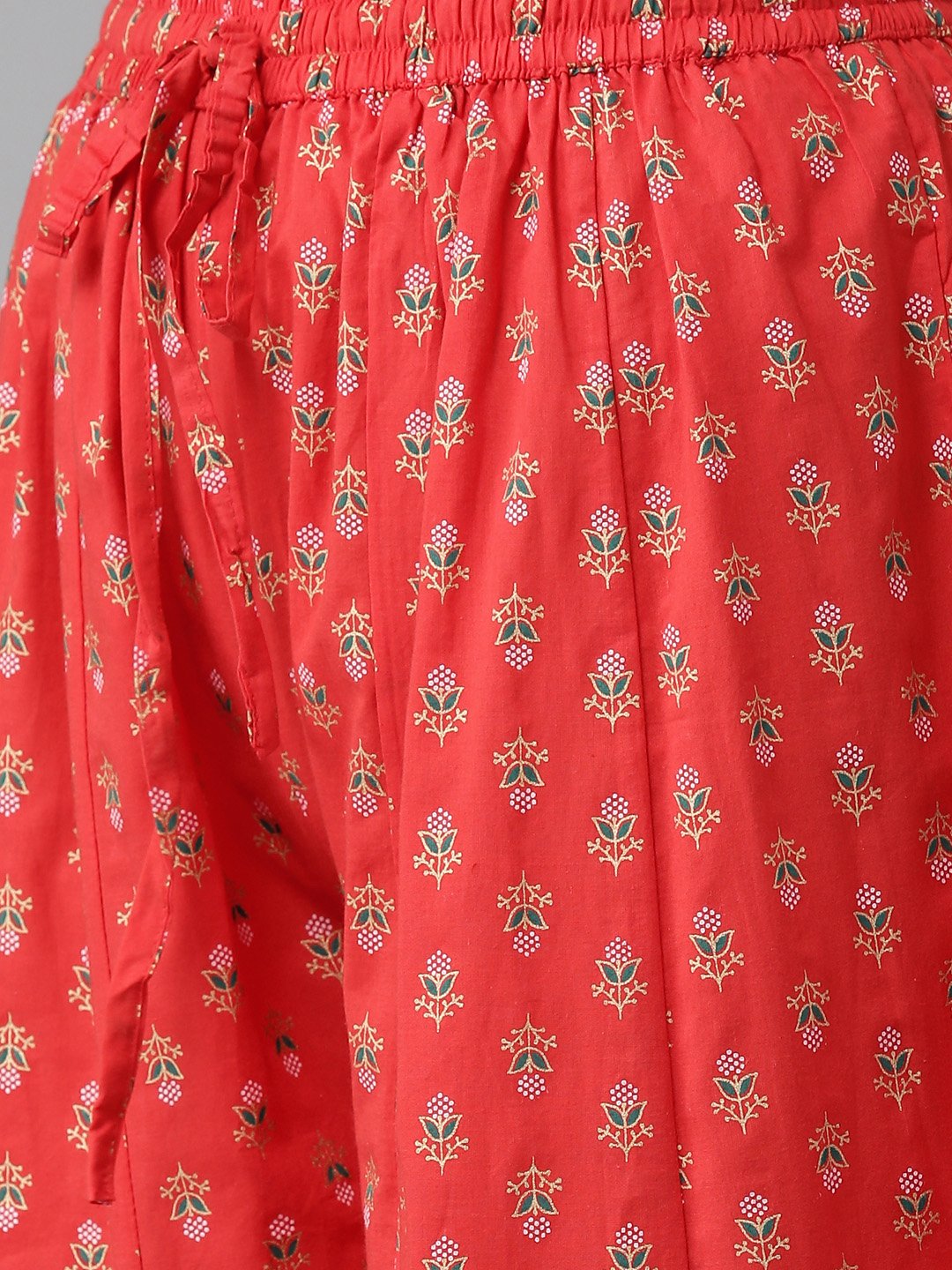 Ishin Women's Cotton Red Foil Print Gota Patti Anarkali Kurta Palazzo Set