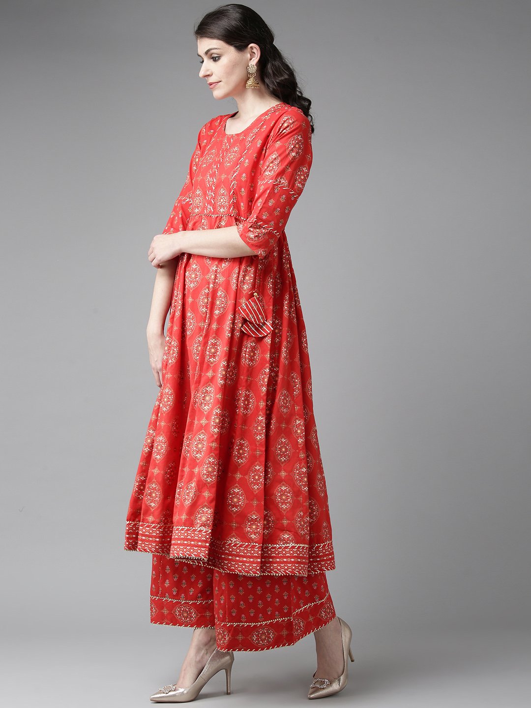 Ishin Women's Cotton Red Foil Print Gota Patti Anarkali Kurta Palazzo Set