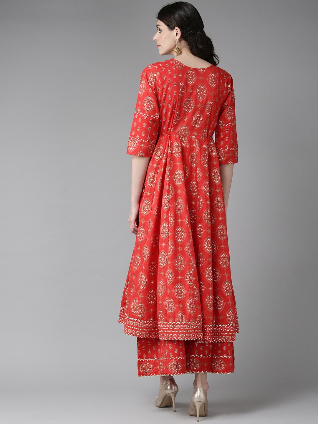 Ishin Women's Cotton Red Foil Print Gota Patti Anarkali Kurta Palazzo Set