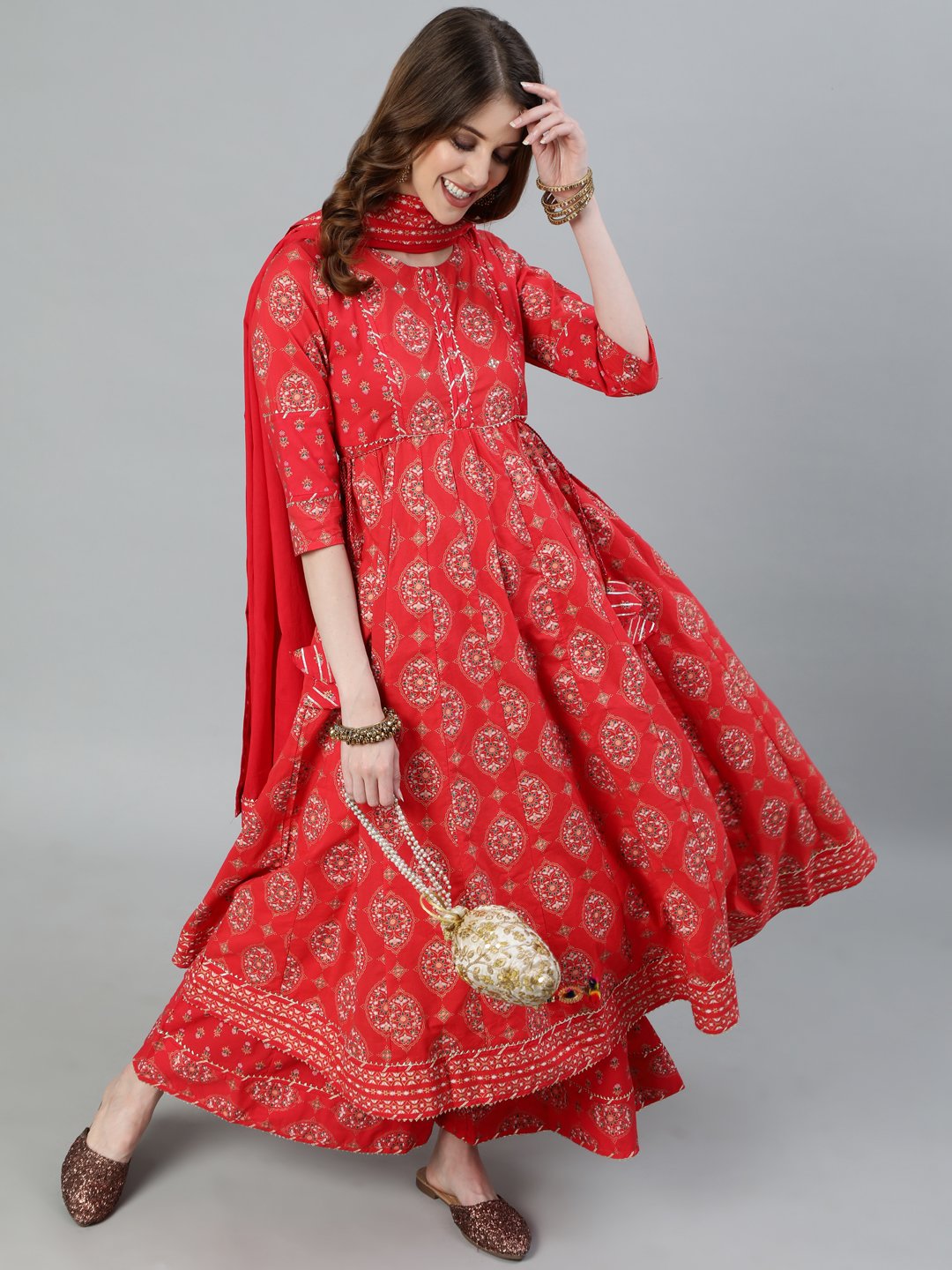 Ishin Women's Red Embroidered Gotta Patti Anarkali Kurta With Palazzo & Dupatta